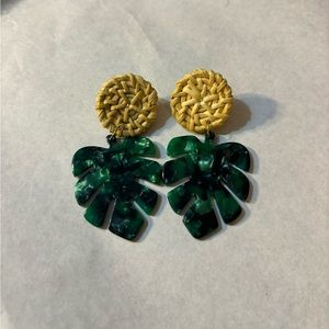 Tropical green monstera resin dangly earrings